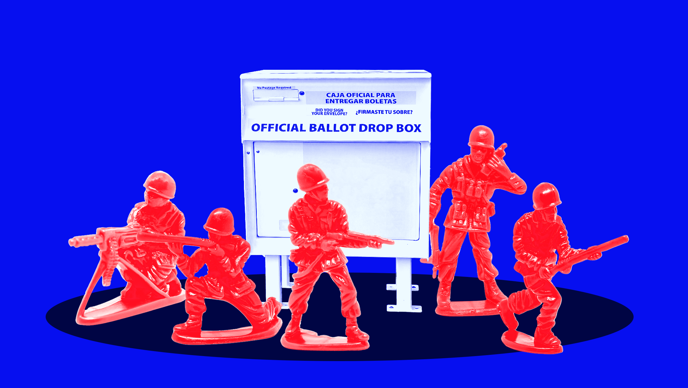 Red toy plastic soldiers gaurding a ballot drop box.