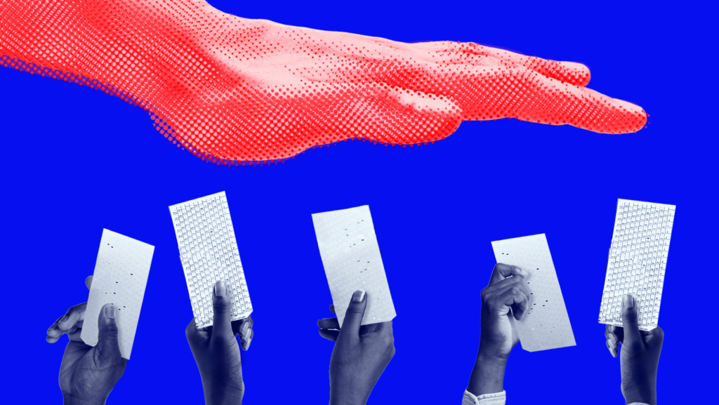 Five blue-tinted hands holding up ballots and a blue background, with a large hand colored red pushing down on the ballots.