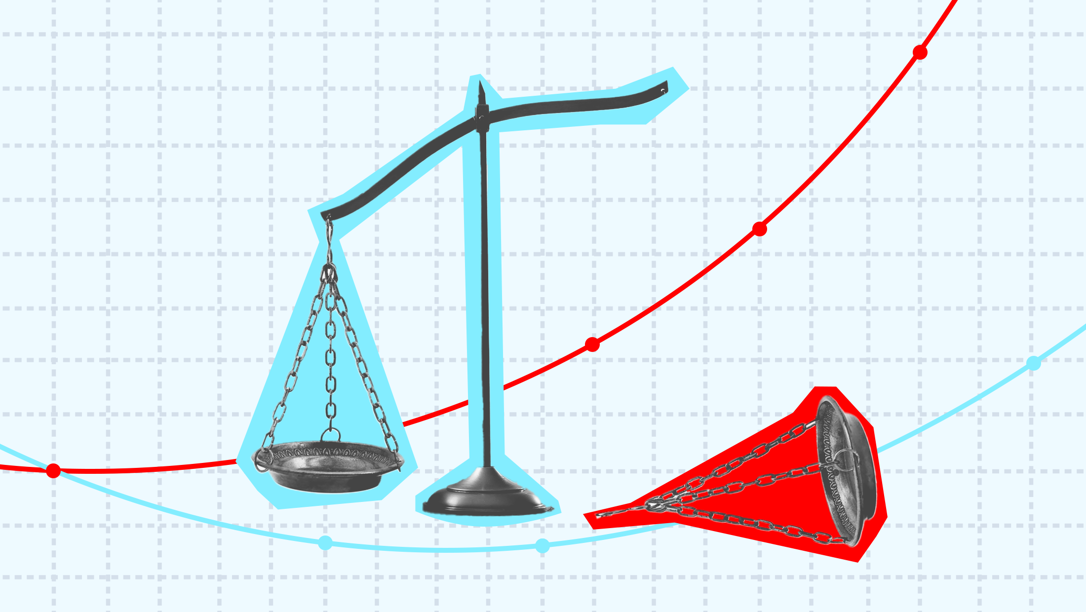 A broken scale with one side colored light blue and the other red on a background of graph paper with a red trend line and a blue trend line.