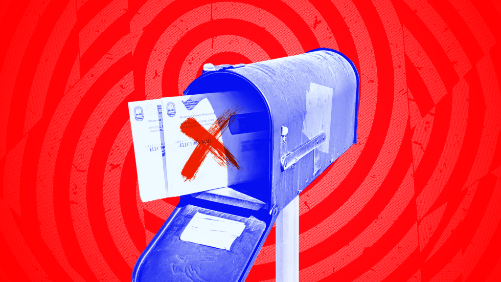 A blue mailbox with two mail-in ballots marked with a red X against a background of red targets.