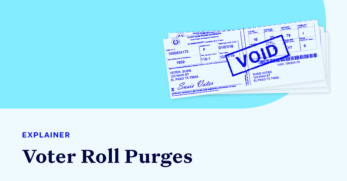 A stack of voter registration cards marked VOID accompanied by small text that sasy "EXPLAINER" and large text that says "Voter Roll Purges"