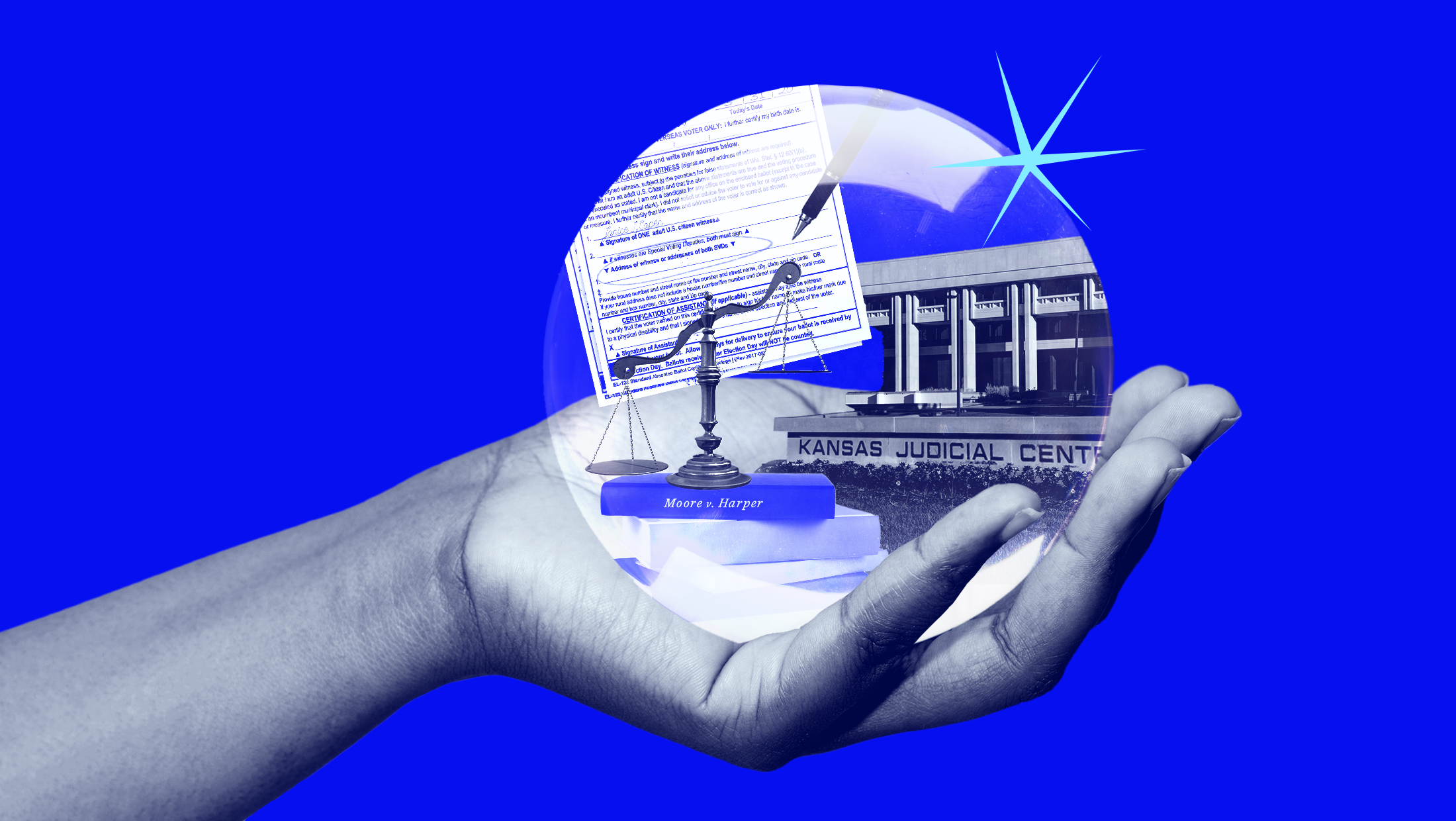 A bright blue background with a hand holding a crystal ball revealing a Wisconsin absentee ballot, a scale with "Moore v. Harper" written on it and the Kansas Judicial Center building