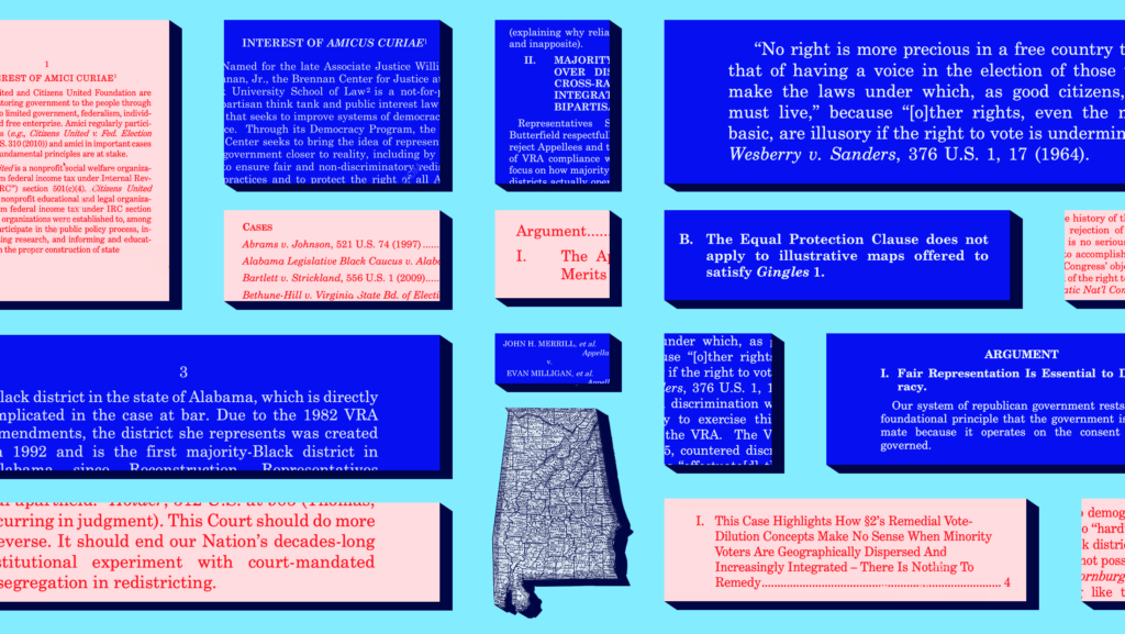 A map of Alabama surrounded by snippers of amicus brief documents filed in Merrill v. Milligan, tinted in both red and blue.