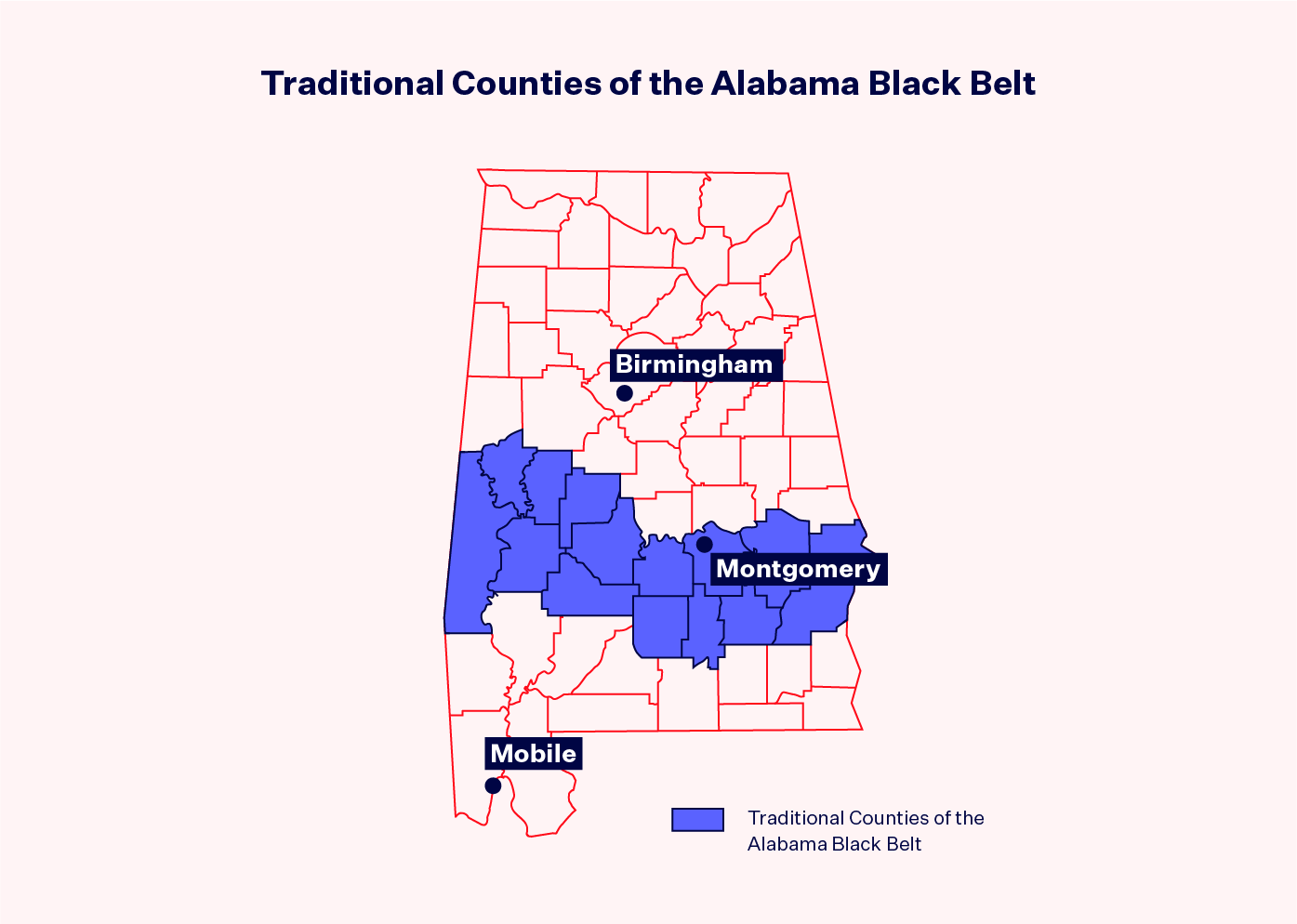 Map of the traditional counties of the Alabama Black Belt. The map of Alabama contains a stretch of counties from the west of the state to the east of the state colored in blue. The blue-shaded counties are in the 2nd quadrant from the bottom of the state.