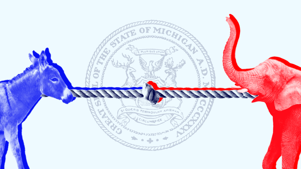 A red elephant and a blue donkey engaged in tugh-of-war with the Michigan state seal in the background.