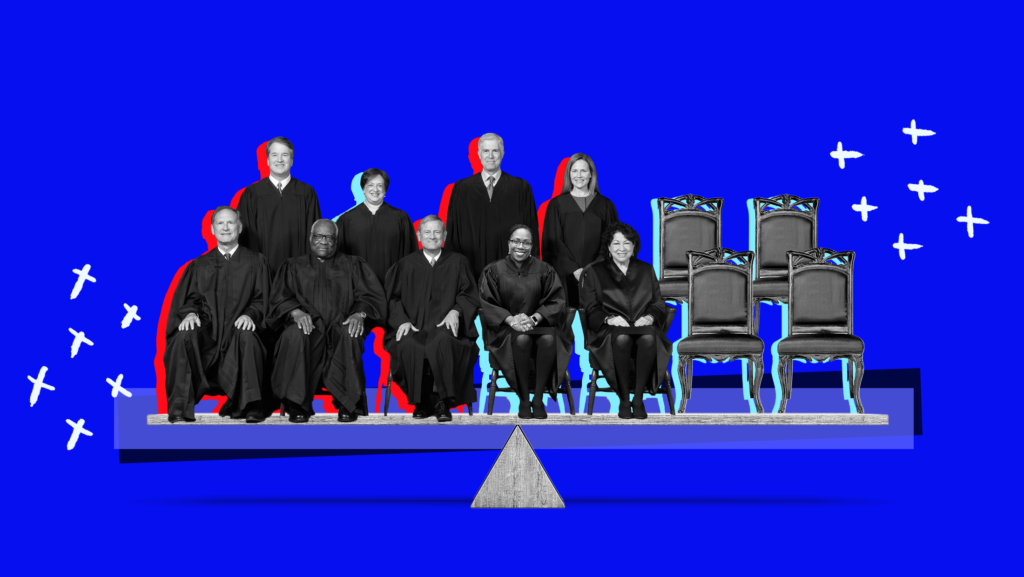 Blue background with the 9 Supreme Court justices sitting on chairs on a scale and 4 empty chairs next to them with bright blue shadows and white plus signs and X's to the right and left of the scale