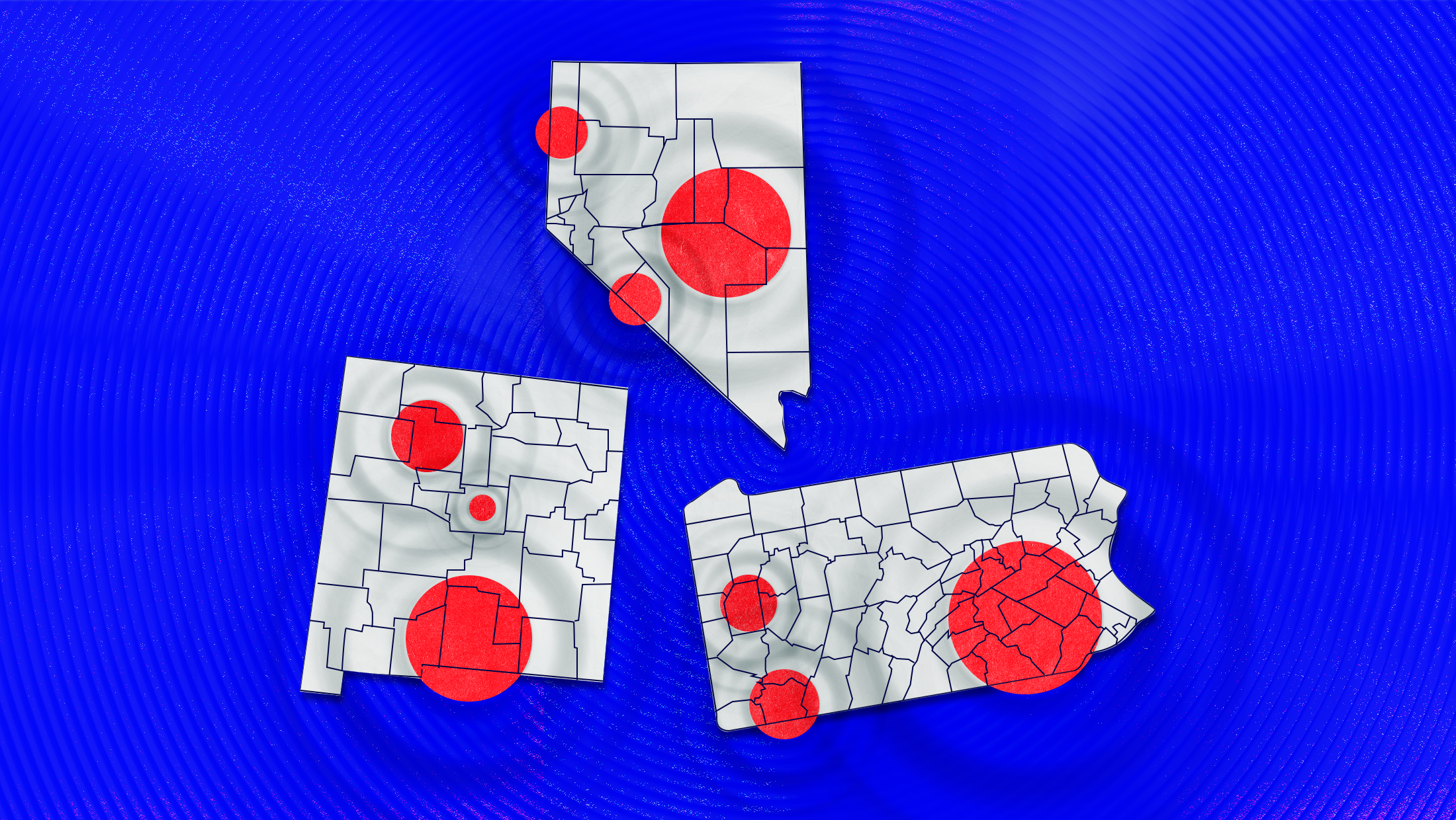 Maps of New Mexico, Nevada and Pennsylvania with county lines and red epicenters scattered throghout, on a blue background. Ripple effects from the red dots fade outwards.