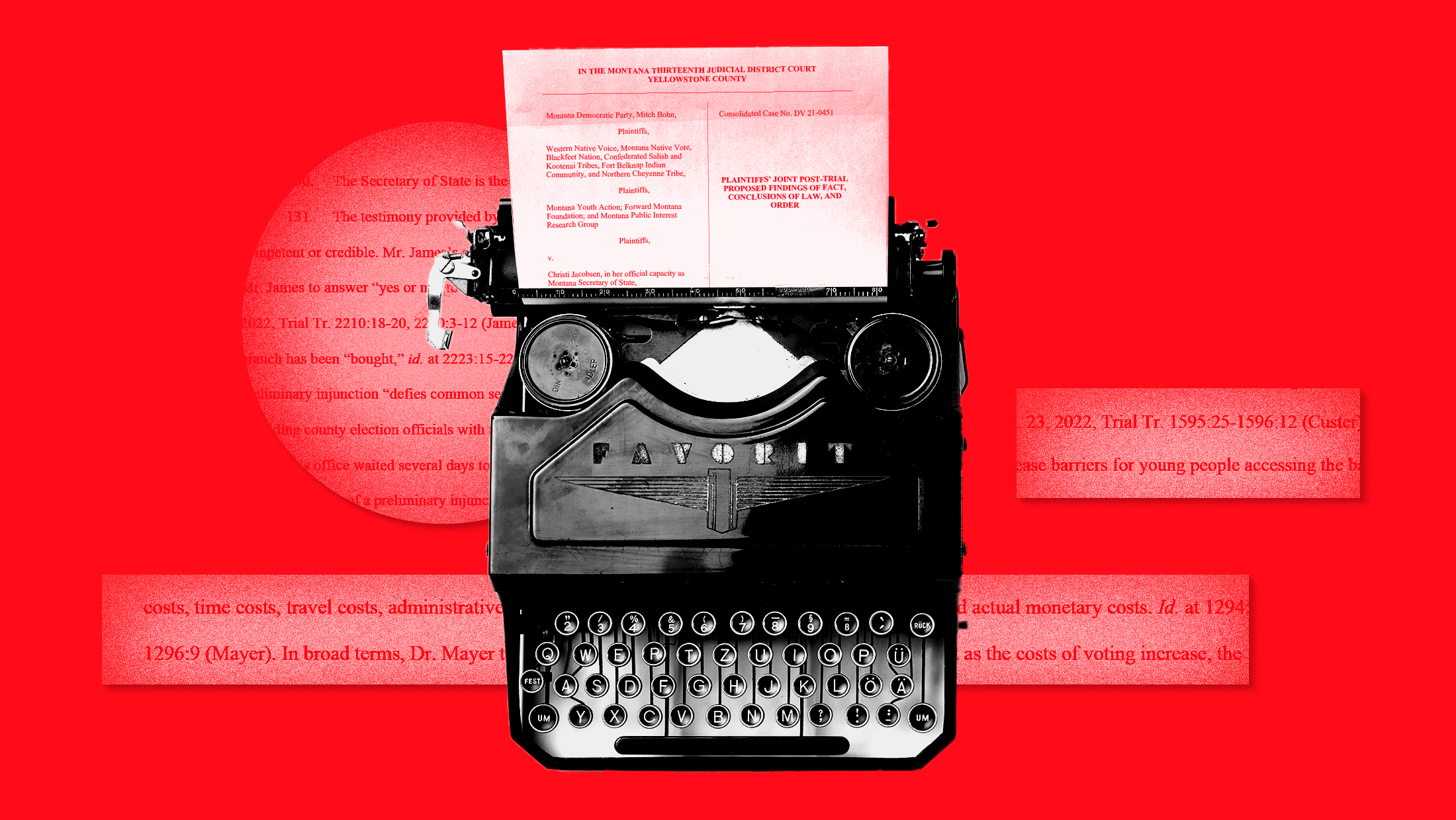 A typewriter with a post-trial brief from Montana's voter suppression case and excerpts from the document in the background.