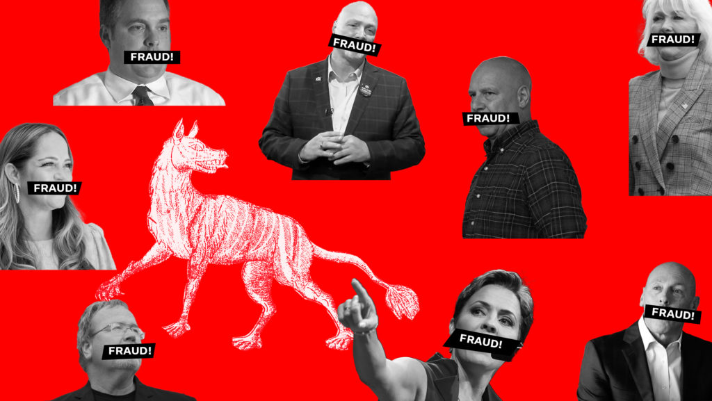Candidates who raised claims of fraud in their primary elections with black rectangles that read "Fraud!" over their mouths arranged around a wolf on a red background.
