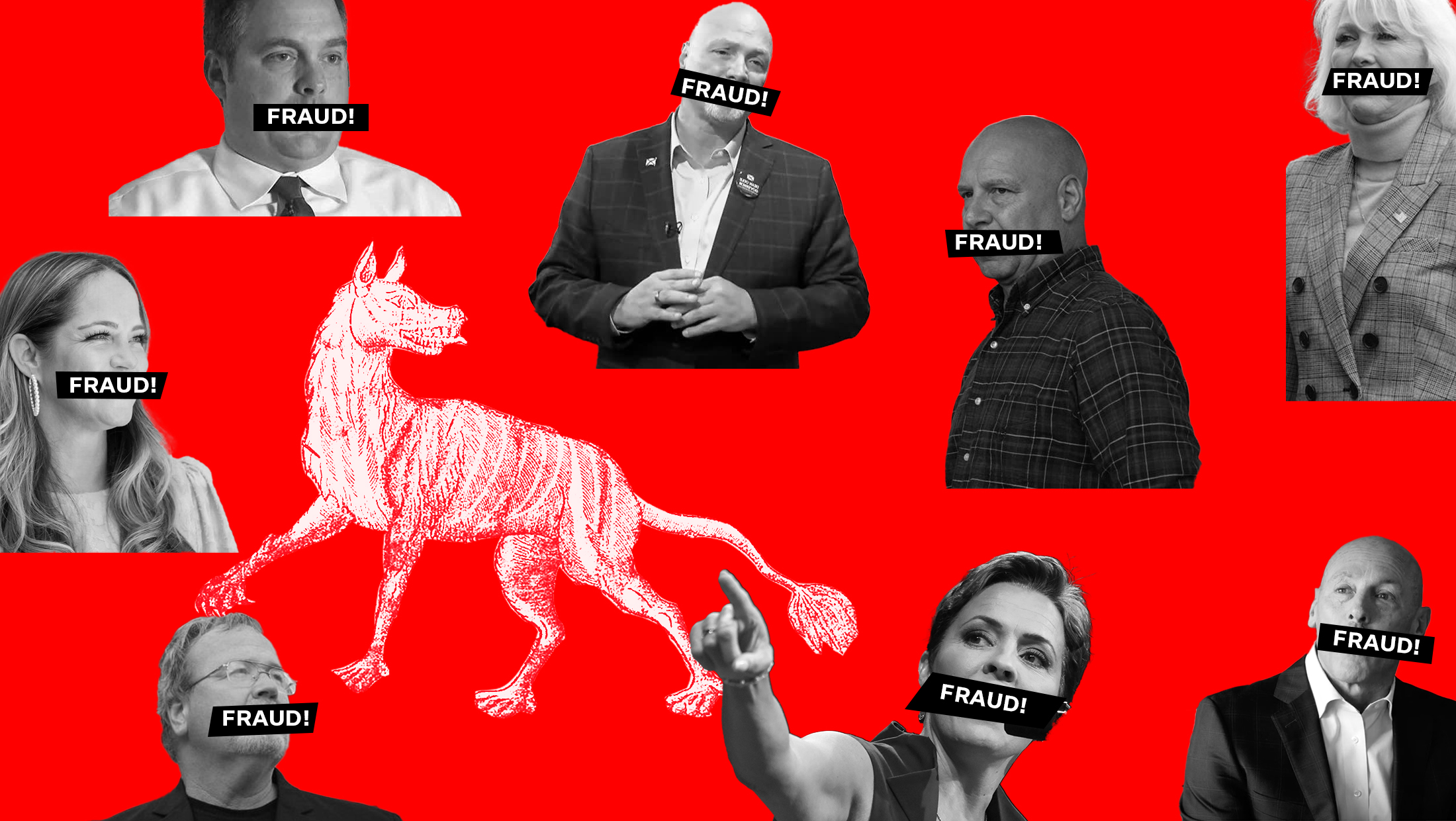 Candidates who raised claims of fraud in their primary elections with black rectangles that read "Fraud!" over their mouths arranged around a wolf on a red background.