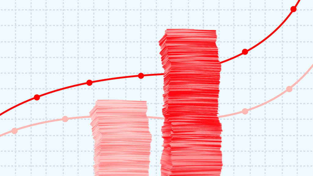 Two tinted red stacks of paper, the one on the right much taller than the other, on a background of graph paper with two red trendlines.
