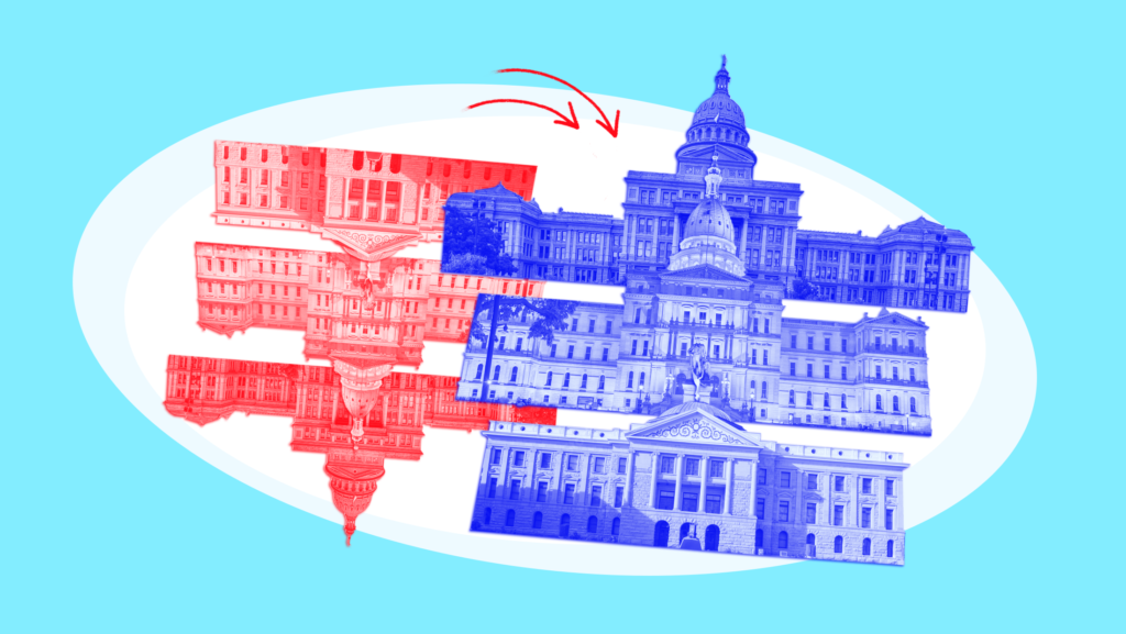 Light blue background with three red-toned state legislatures flipped upside down and three blue-toned state legislatures facing upright all over a white oval.