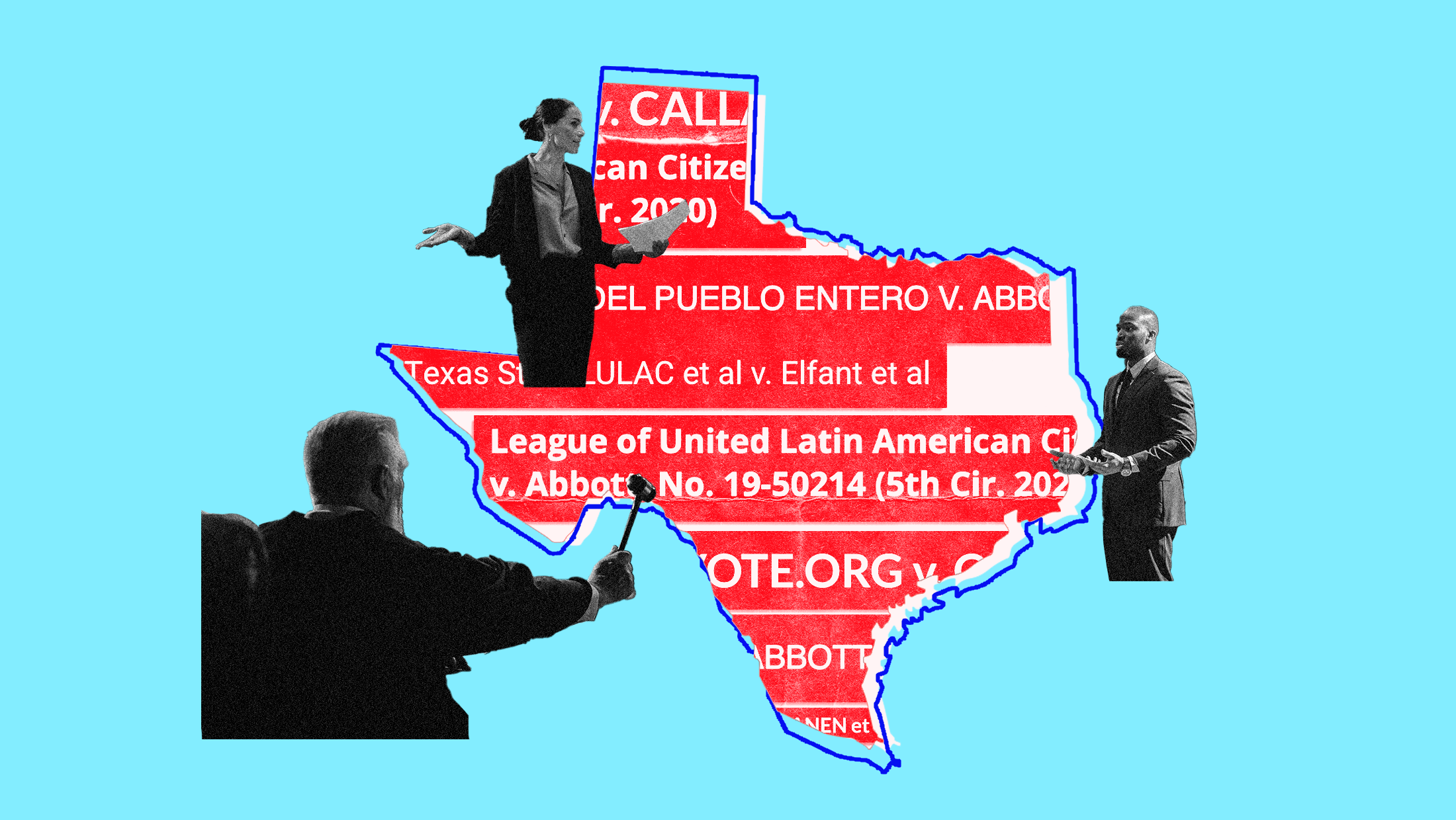 A dark blue outline of Texas on a light blue background with red cutout titles of case filling the outline. Three figures, a judge and two lawyers, are arranged around the outline.