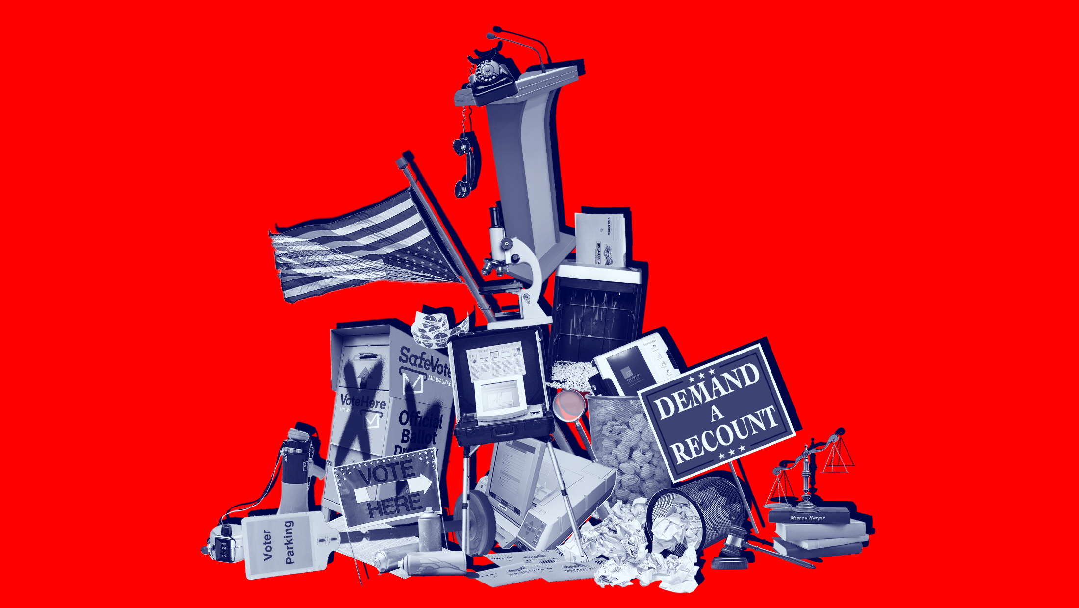 Red background with pile of voting-related images, such as a sign that reads "DEMAND A RECOUNT," a "VOTE HERE" sign, a ballot drop box and more.