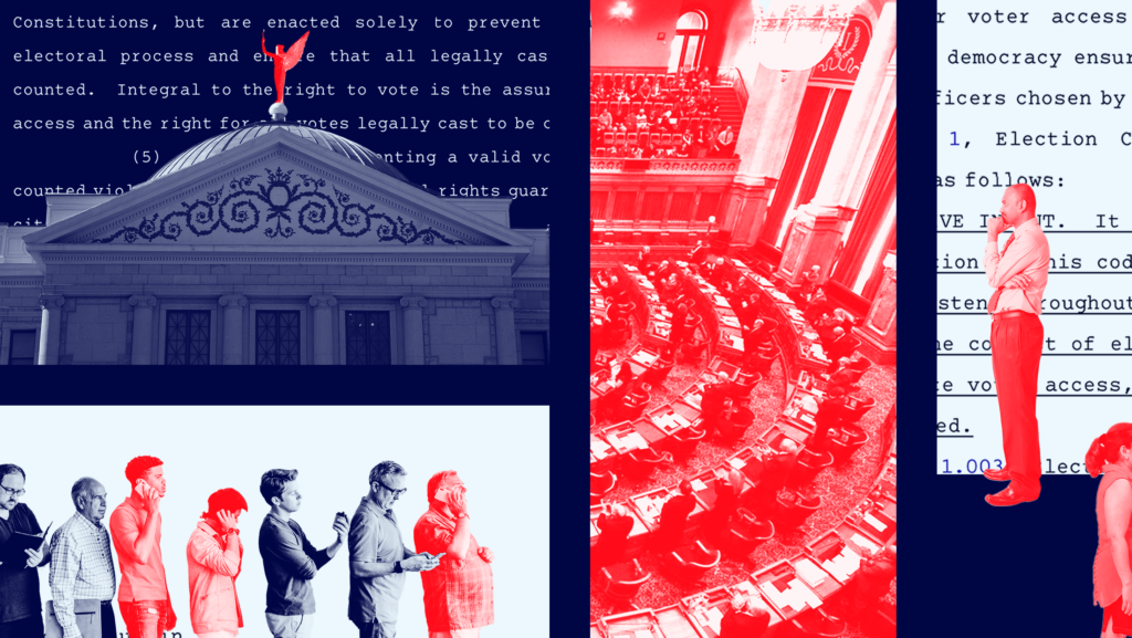 A dark blue state house imposed over bill text, a line of voters waiting colored in blue and red, a state legislative chamber colored in red, and a two people colored red superimposed on bill text.