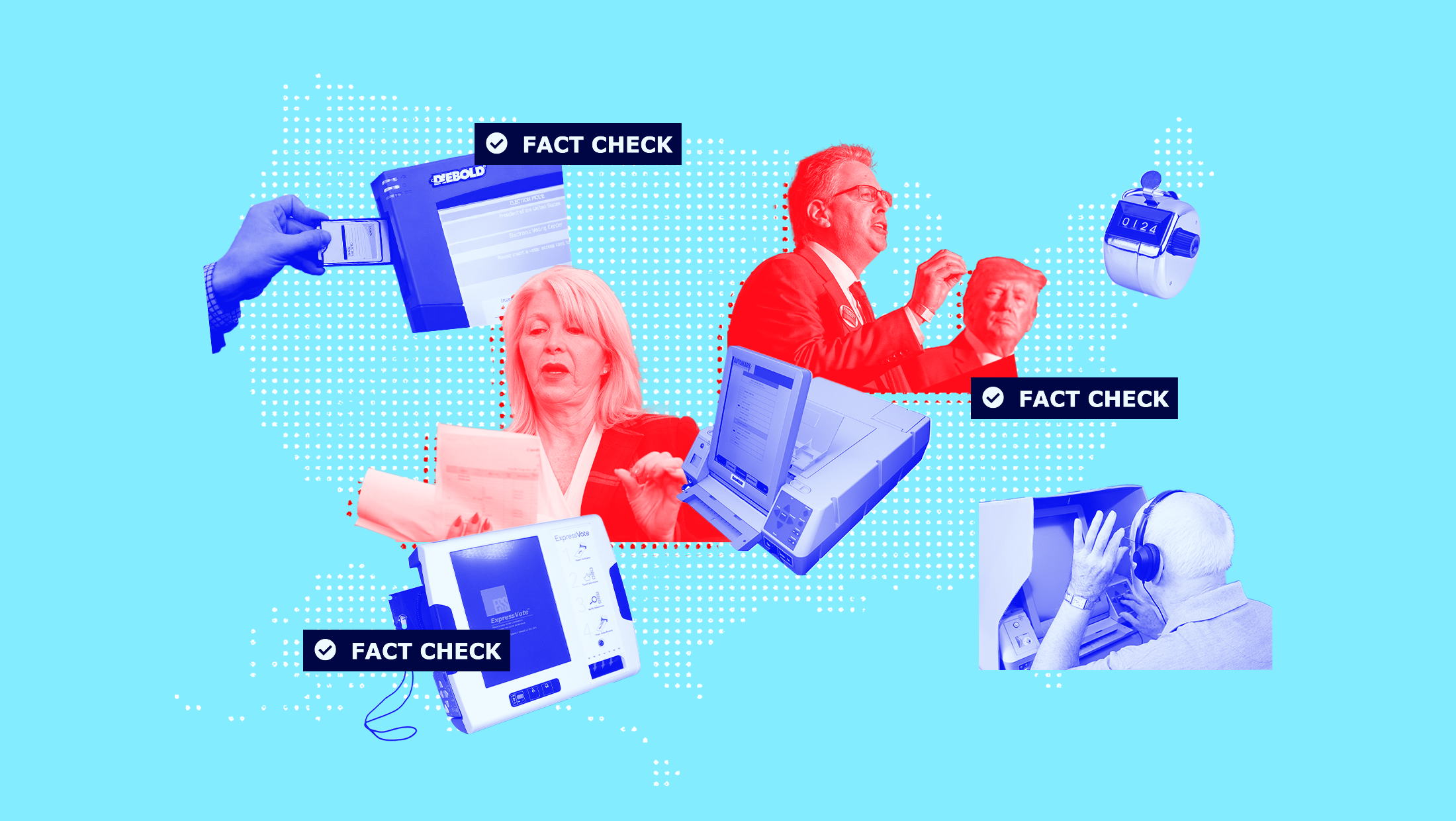 A collage of different voting equipement, images of Donald Trump, Matthew DePerno and Tina Peters and "fact check" blurbs above a dotted map of the United States