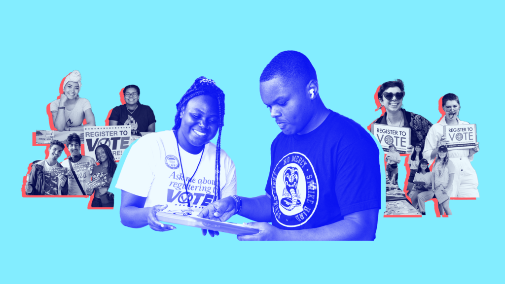 Light blue background with blue toned images of young people registering to vote.