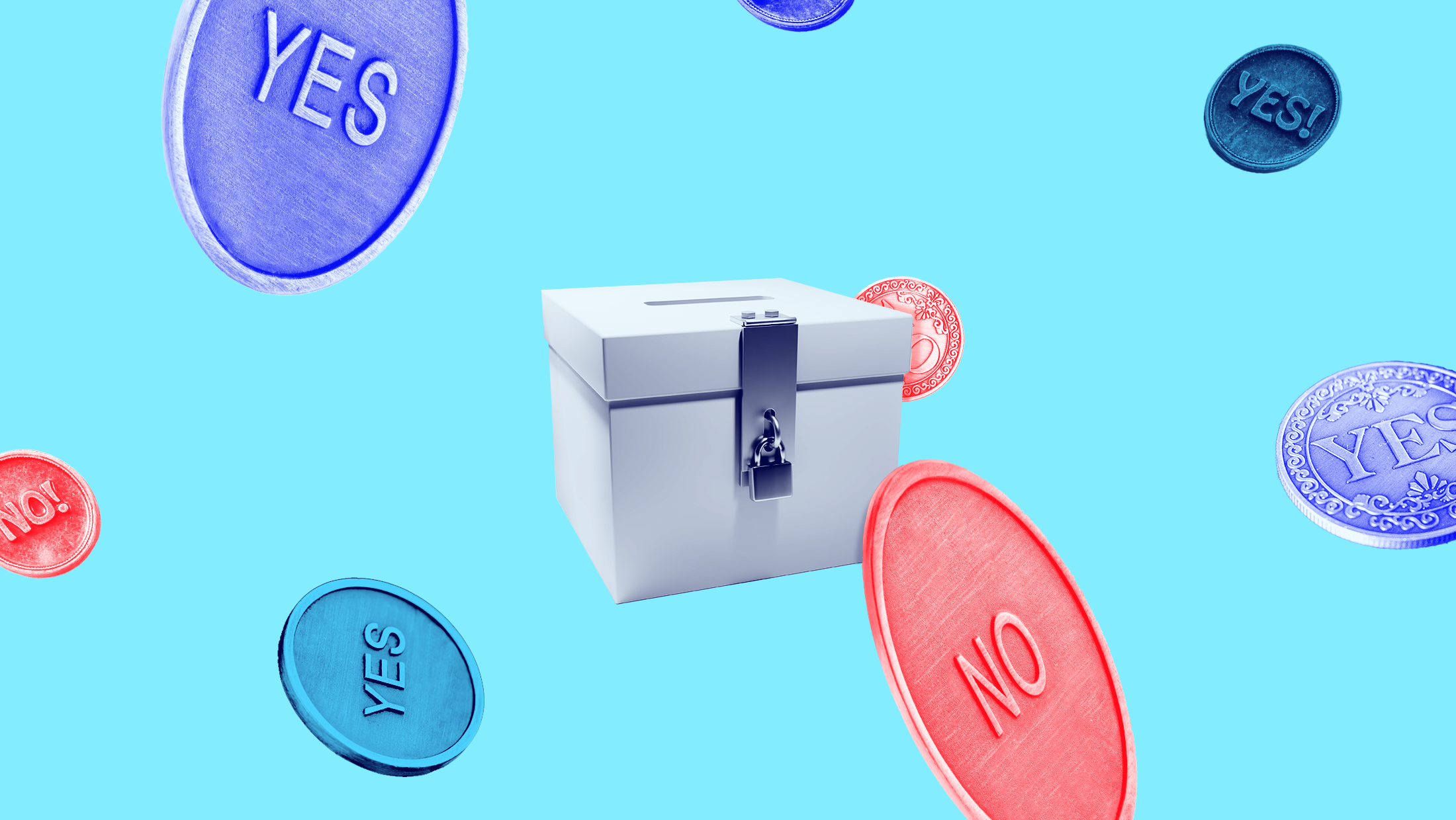 A locked ballot box on a blue background surrounded by red and blue coins that say either Yes or NO.