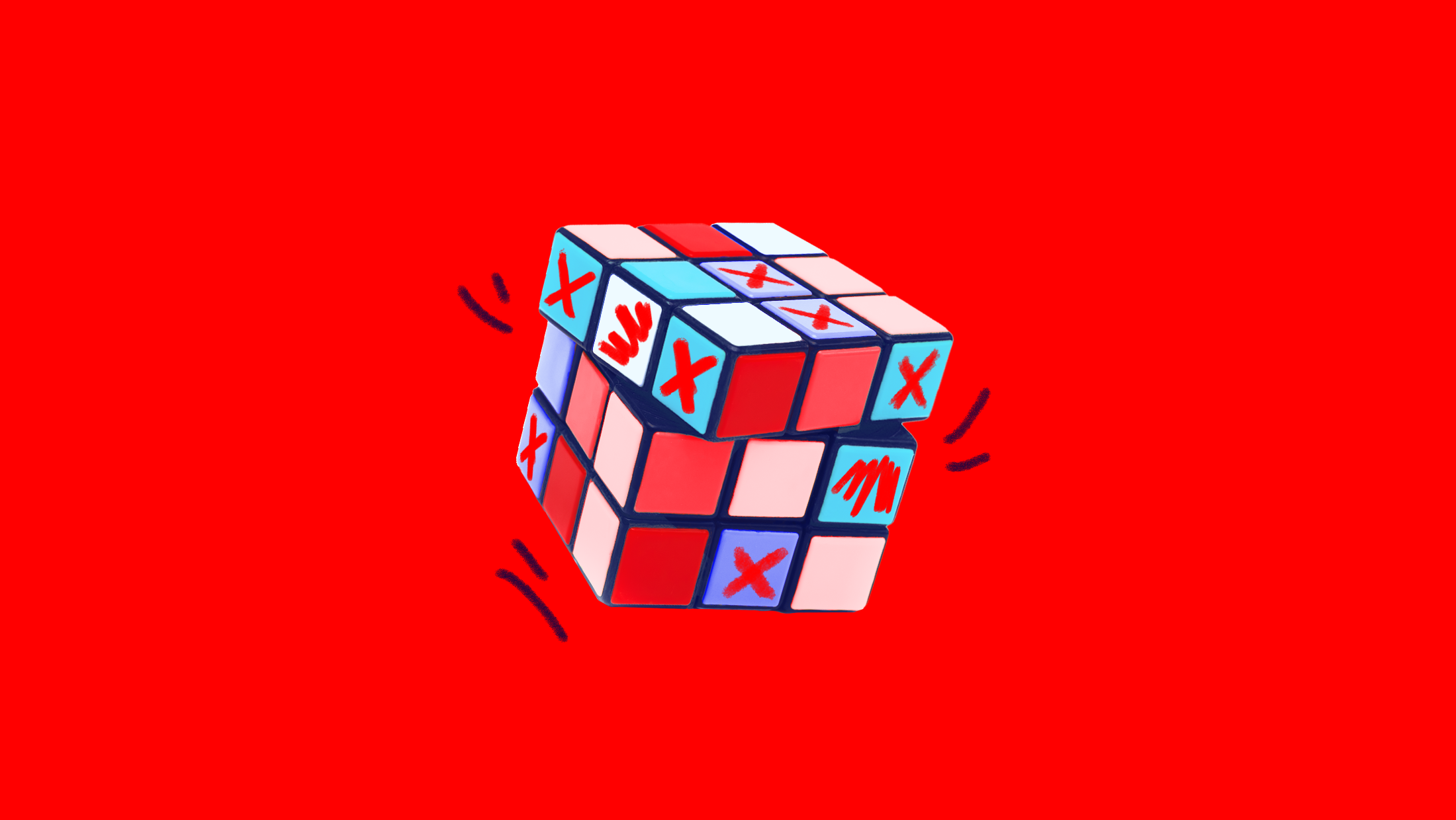 Rubik's cube with different red and blue shades and red scribbles, on a bright red background.