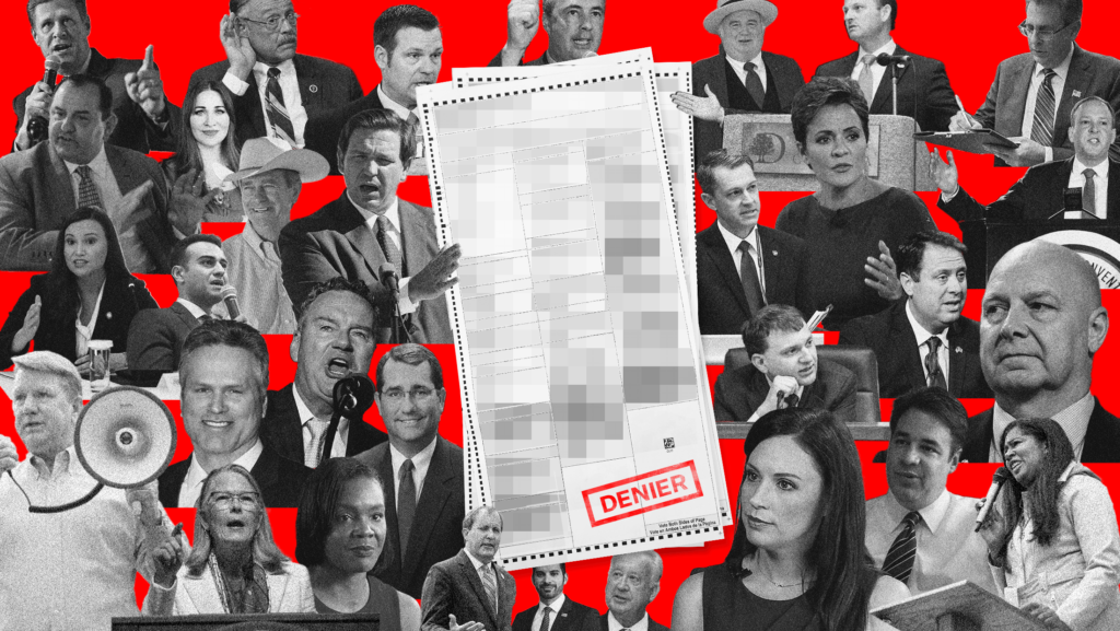 A stack of blurred out ballots with a red "DENIER" stamp, surrounded by pictures of dozens of GOP election denier candidates, on a red background.