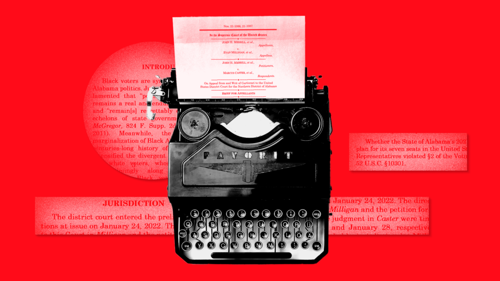 A typewriter with the appellant brief to the U.S. Supreme Court in Merrill v. Milligan, surrounded by snippets of the brief on a red background.