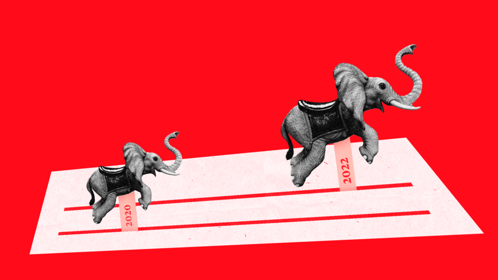 Red background with two elephants racing, and the one labelled "2022" is head of the one labelled "2020"