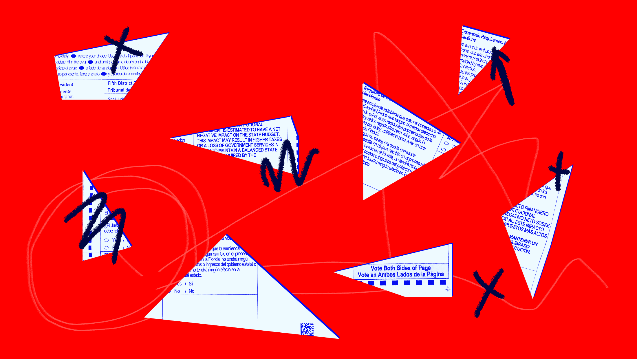 Cut up pieces of a ballot that resemble shards of glass on a red background with scribbles