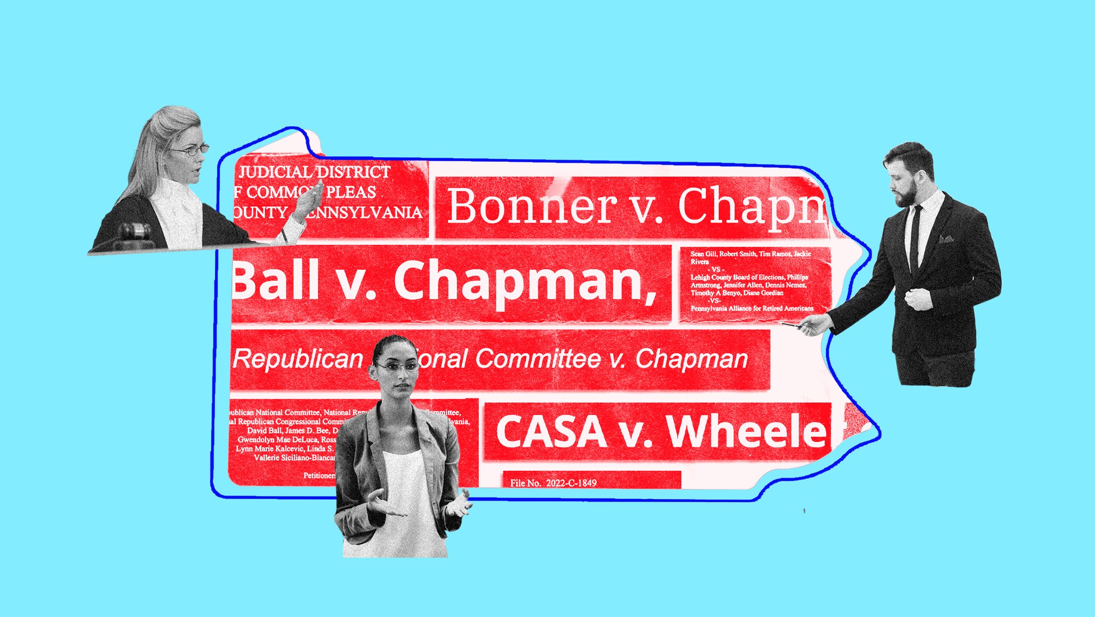 A dark blue outline of Pennsylvania on a light blue background with red cutout titles of cases filling the outline. Three figures, a judge and two lawyers, are arranged around the outline.