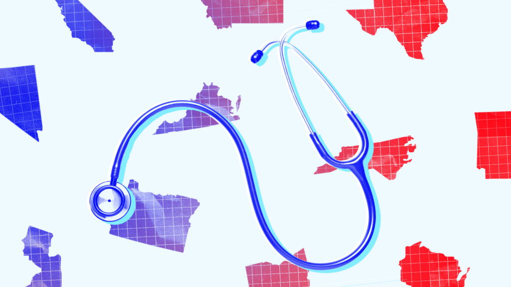 Light blue background with red and blue and purple toned states spread across and a blue-toned stethoscope in the middle.