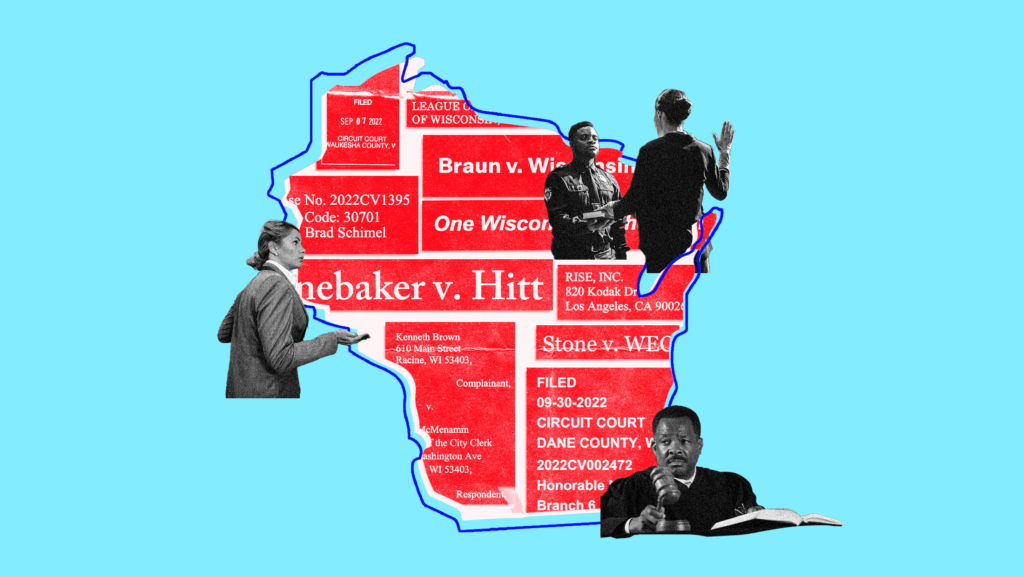 A dark blue outline of Wisconsin on a light blue background with red cutout titles of cases filling the outline. Three figures, a judge and two lawyers, are arranged around the outline.