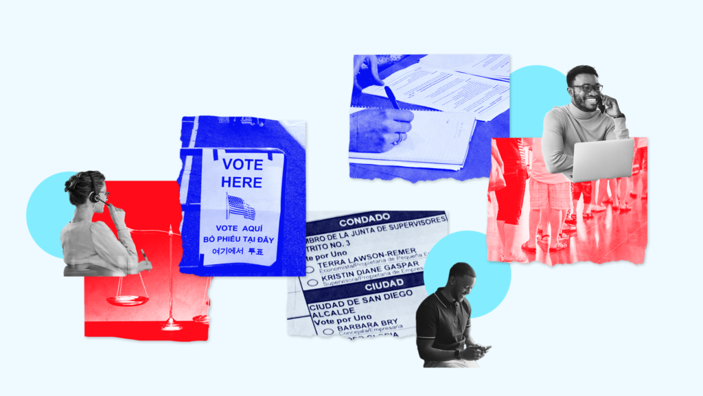 Faint blue background with black and white images of people calling and texting, an image of a ballot, a blue sign that reads "VOTE HERE VOTE AQUI," a red-toned image of people waiting in line, a red-toned image of a scale.