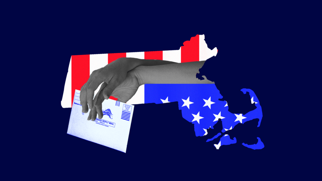 Dark blue background with American flag laid over the Massachusetts state shape and two hands coming out of the state holding a mail-in ballot.