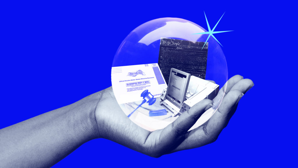 A bright blue background with a hand holding a crystal ball revealing a gavel, a mail-in ballot, the U.S. Constitution and an electronic voting machine