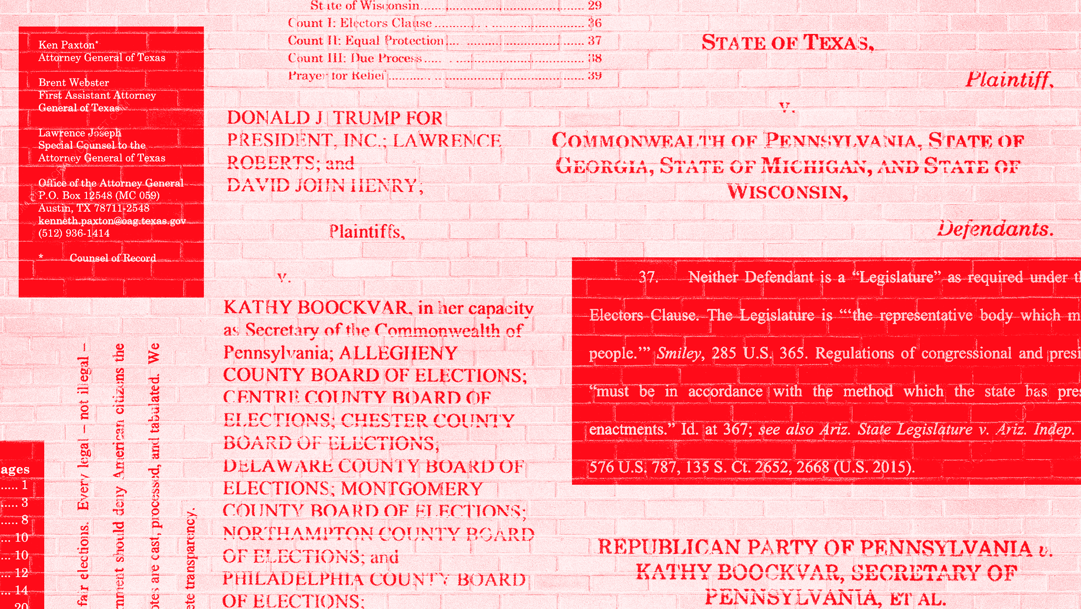 A brick wall with the text from various lawsuits from 2020 raising independent state legislature theory claims, such as quotes from the lawsuits and the case titles and captions. The wall and the text excerpts are tinted various shades of red.