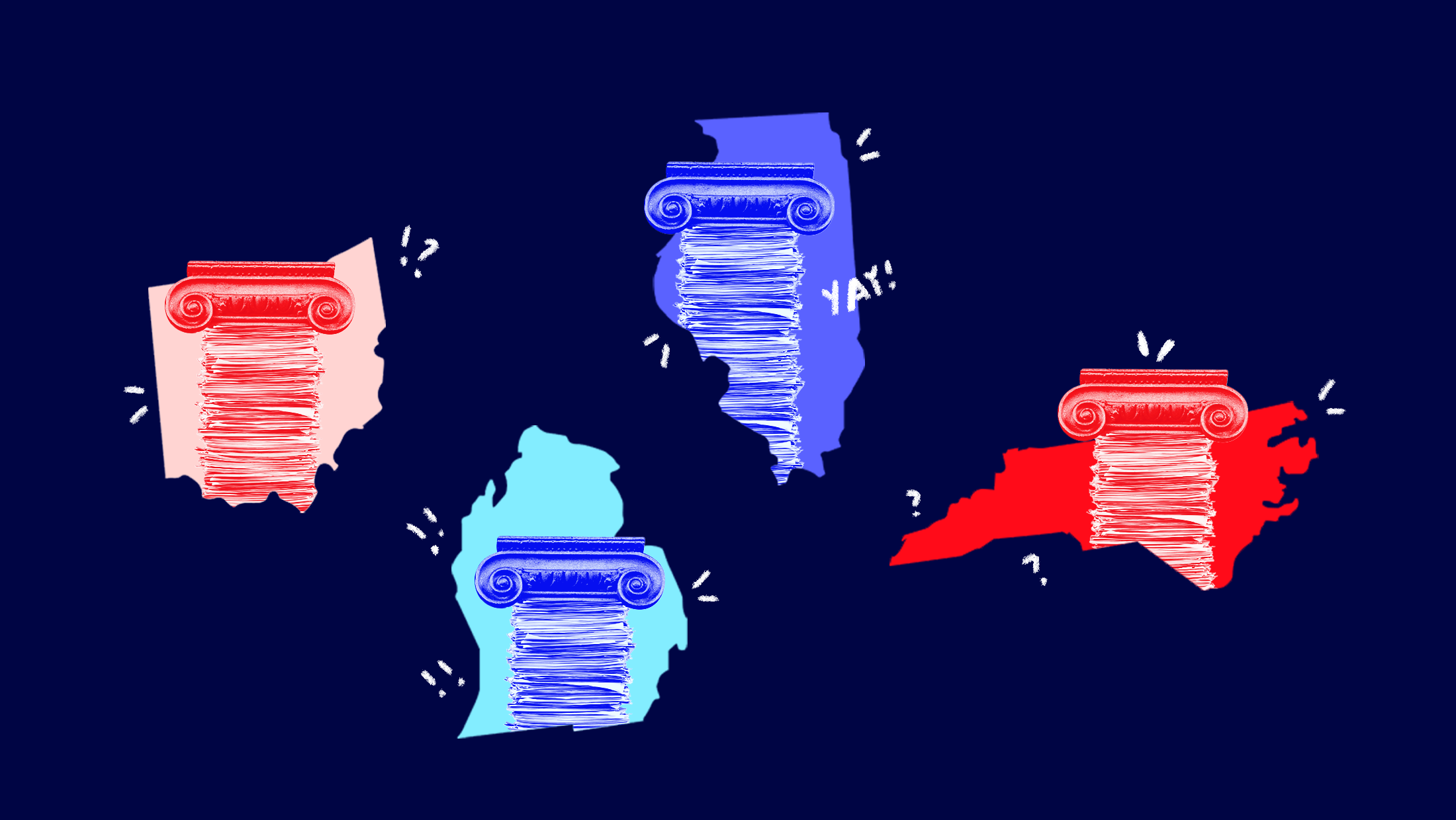 The outlines of Illinois, Michigan, North Carolina and Ohio on a dark blue outline, with columns of court documents in each outline and Illinois and Michigan tinted shades of blue and North Carolina and Ohio tinted shades of red.