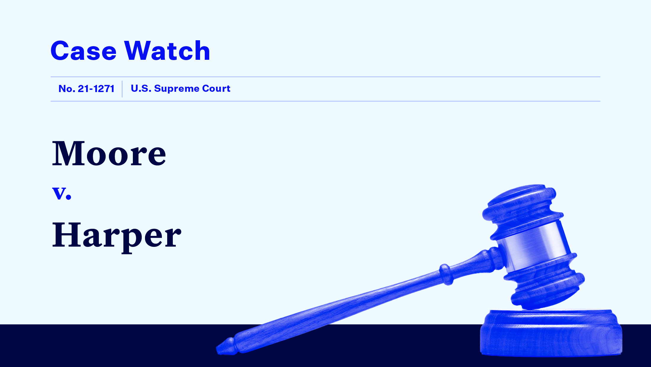 "CASE WATCH Moore v. Harper" and other case-specific text, including the file number and court name, with a blue-tinted gavel.