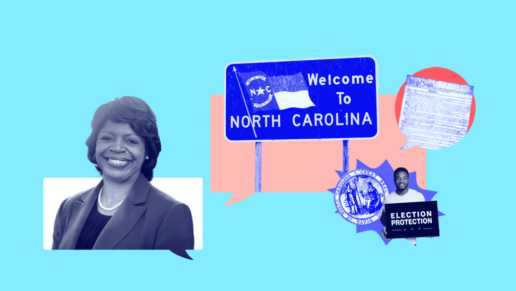 Light blue background with blue-toned image of U.S. Senate candidate Cheri Beasley, a sign that reads "Welcome to North Carolina," an image of the Constitution, the North Carolina state seal and someone holding a blue sign that reads "ELECTION PROTECTION."