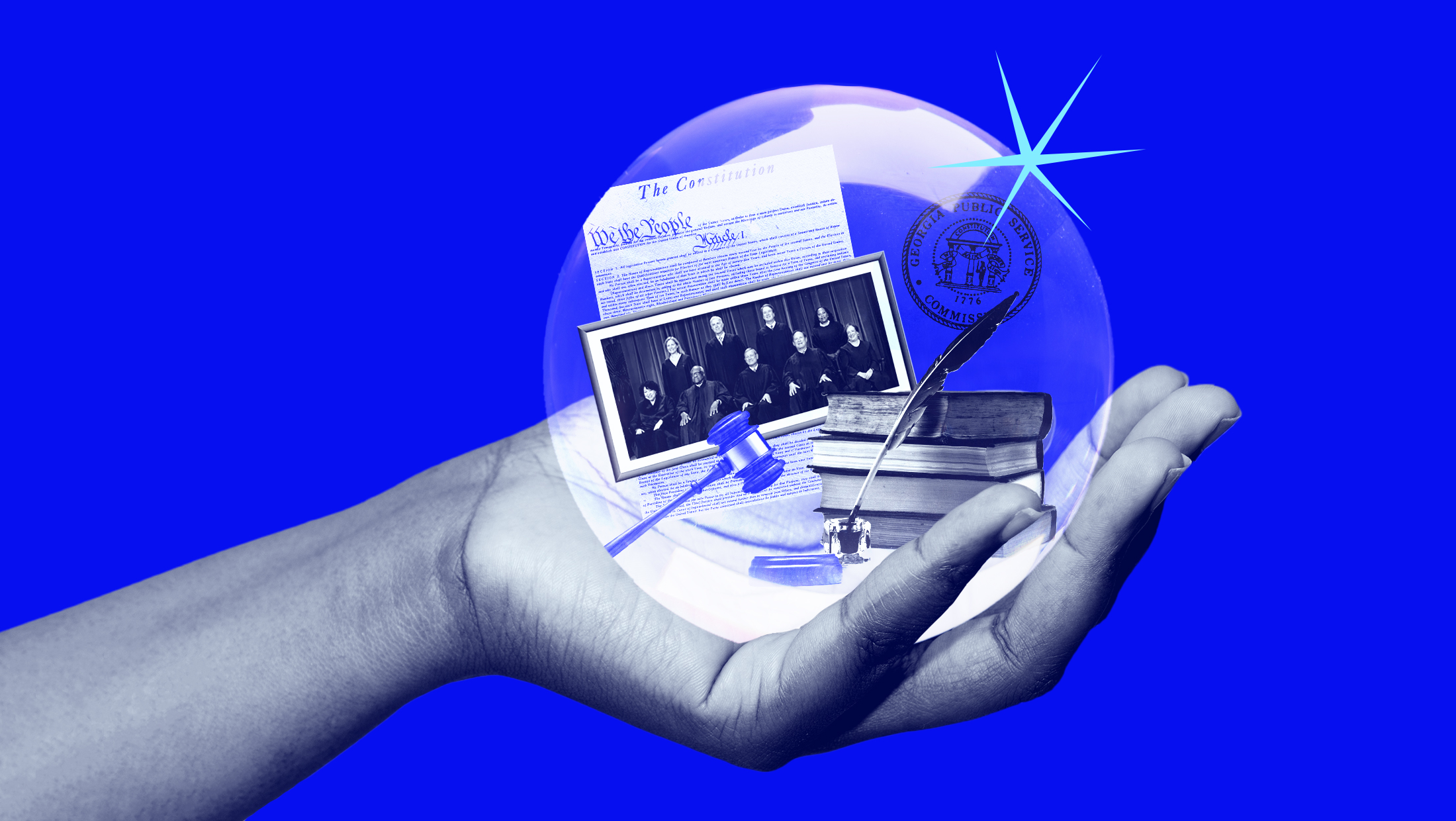 A bright blue background with a hand holding a crystal ball revealing a gavel, a picture of the nine U.S. Supreme Court justices, the U.S. Constitution, the logo for the Georgia Public Service Commission, a stack of books and a quill