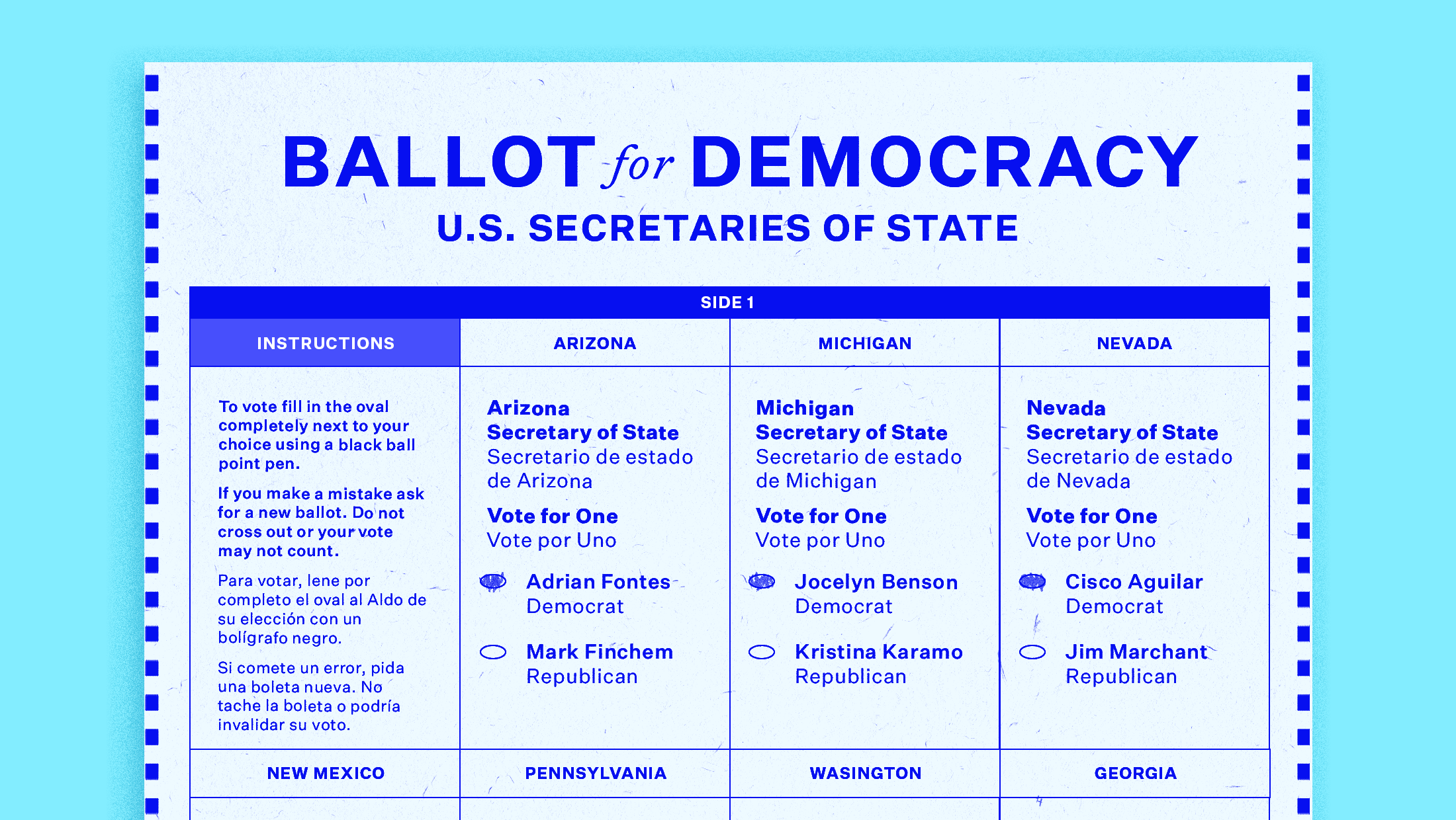 Light blue background with blue ballot that reads from the top "BALLOT FOR DEMOCRACY U.S. SECRETARIES OF STATE" and rectangles for each secretary of state race in each state including (from left to right) Arizona with Adrian Fontes and Mark Finchem, Michigan with Jocelyn Benson and Kristina Karamo, Nevada with Cisco Aguilar and Jim Marchant, New Mexico, Pennsylvania, Washington and Georgia.