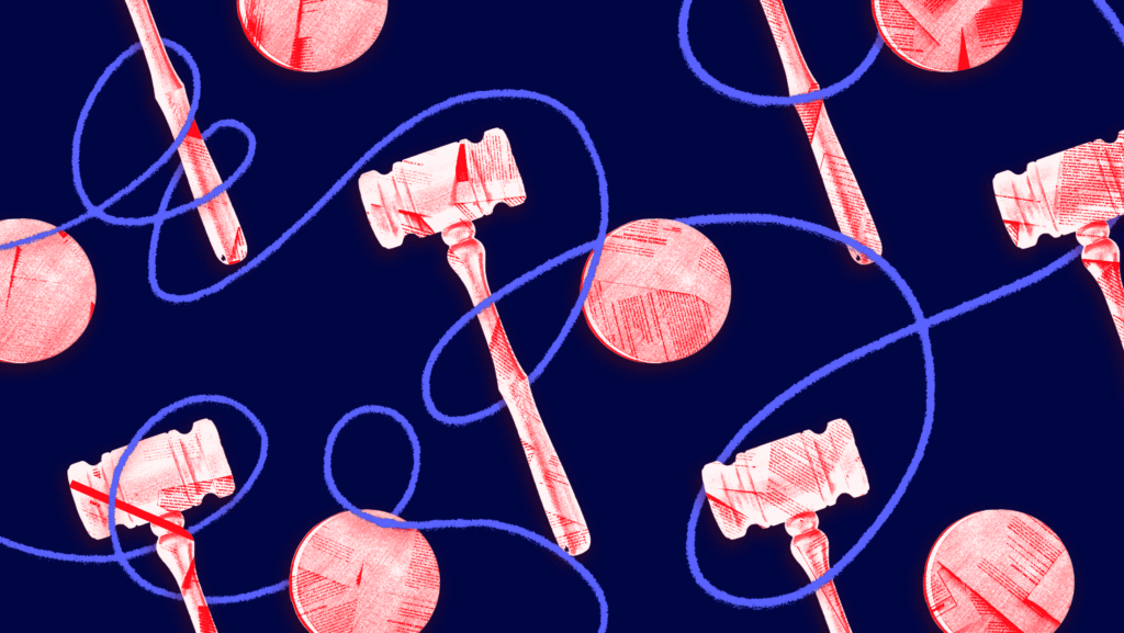 Red tinted gavels and balls composed of court documents on a dark blue background with a blue line looping around the image and encircling some of the gavels and balls.