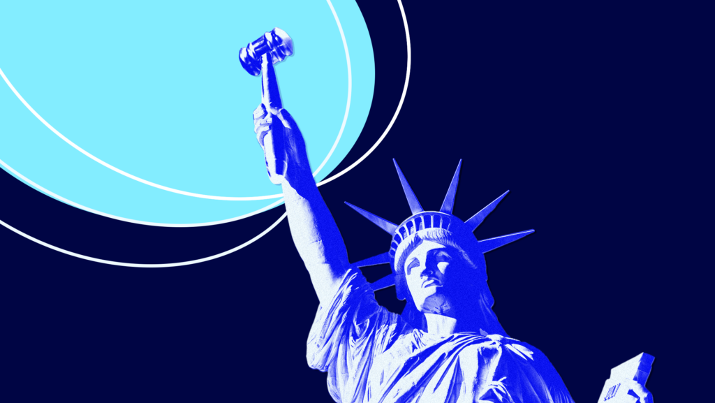 Dark blue background with lighter blue toned-statue of liberty holding a gavel in front of a light blue circle.