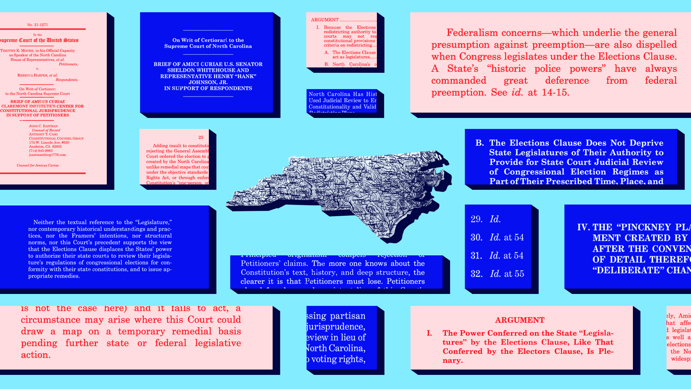 A map of North Carolina surrounded by snippets of amicus brief documents filed in Moore v. Harper, tinted in both red and blue.