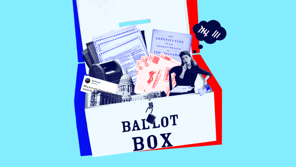 An old-fashioned ballot box overflowing with blue and red toned items, including: the Pennsylvania state constitution, a tweet from Sen. Ted Cruz, the Wisconsin statehouse, mail-in ballots with "ERROR" on them, regular ballots over a stack of folders, a USPS mail box and a woman counting ballots.