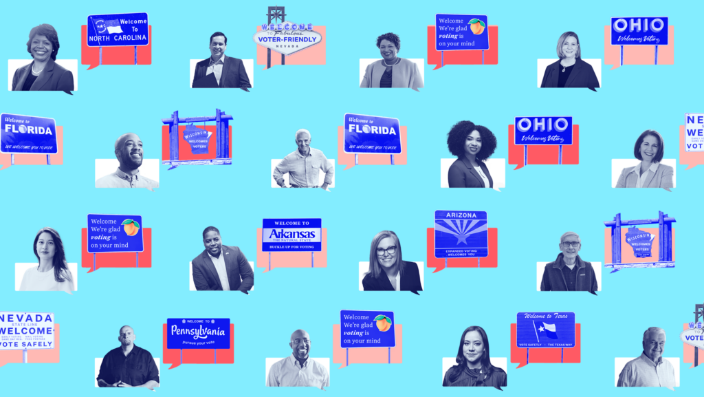 A light blue background with a blue-toned images of all 16 featured candidates in our Q&A series positioned next to highway signs that represent their states.