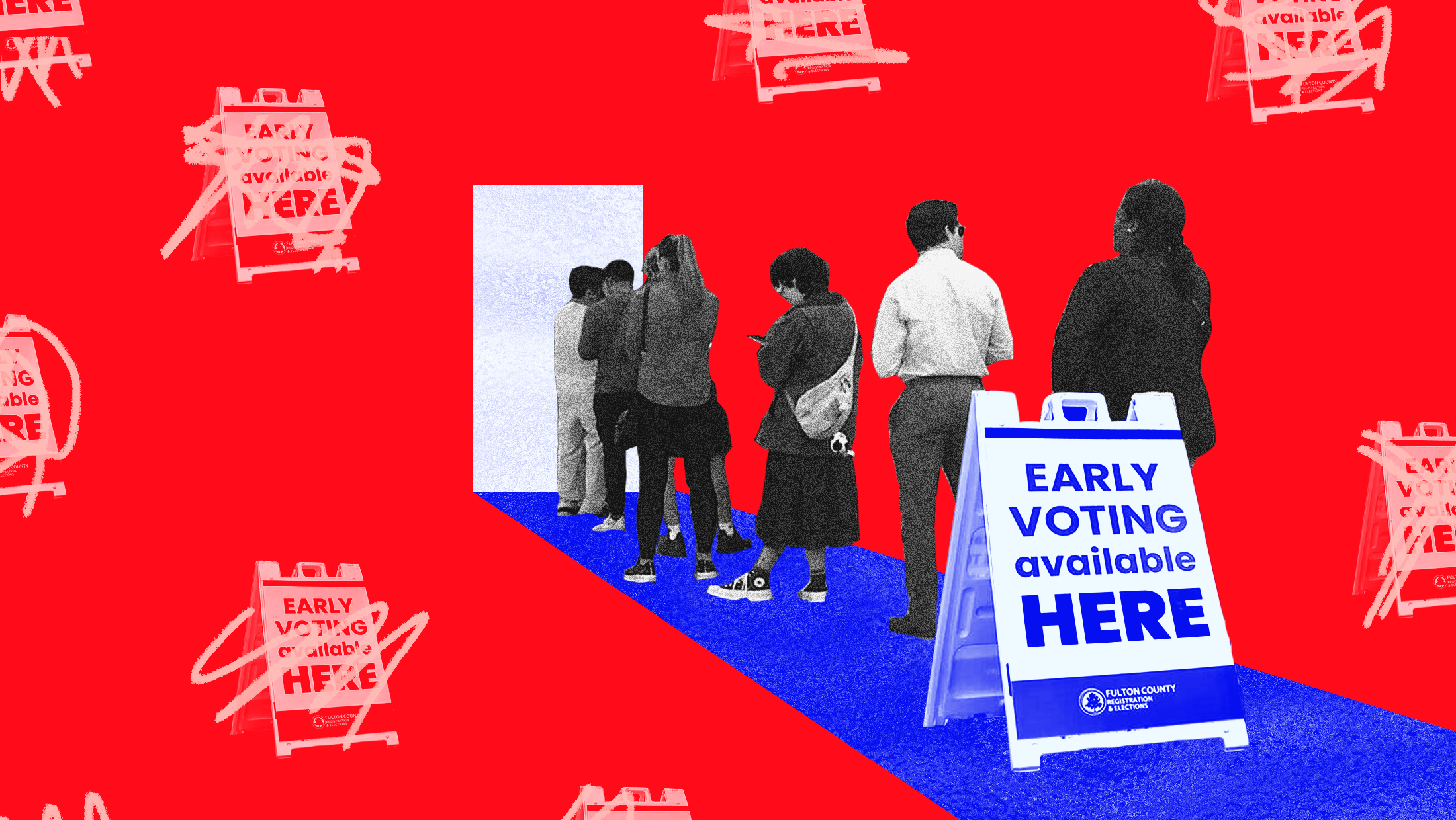 Red background with Early Voting signs with scribbles on top faded into the background and a line of people waiting to vote on a blue carpet standing next to a sign that reads "Early Voting Available Here."