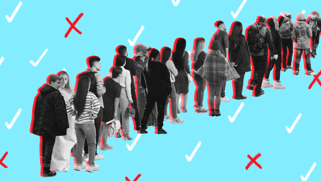 A group of young people waiting in a line with a red shadow, surrounded by white checks and red x's on a bright blue background.