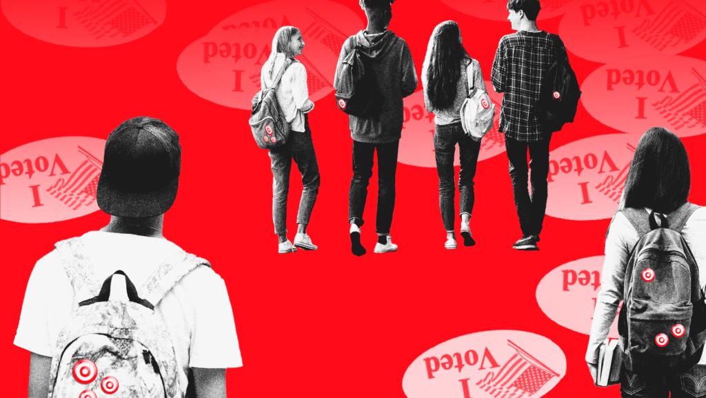 A group of young people with small targets on their backpack against a red background with upside down I Voted stickers scattered around the image.