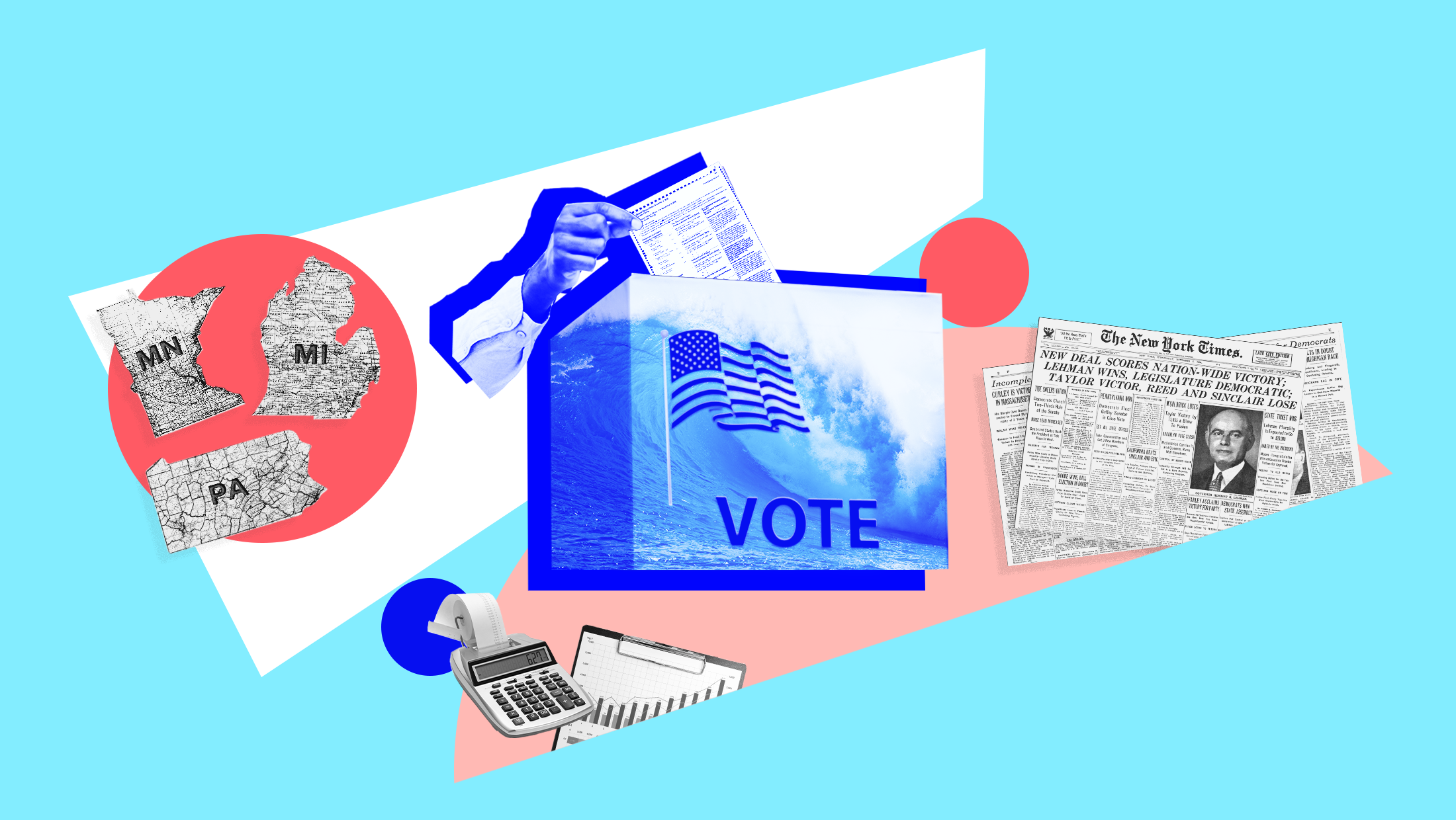 Light blue background with image of blue wave, an American flag and the word "VOTE" laid over a ballot box and someone inserting their ballot into the box, black and white images of the Minnesota, Michigan and Pennsylvania state maps, a black and white image of a calculator and bar graphs and New York Times front pages from 1934.