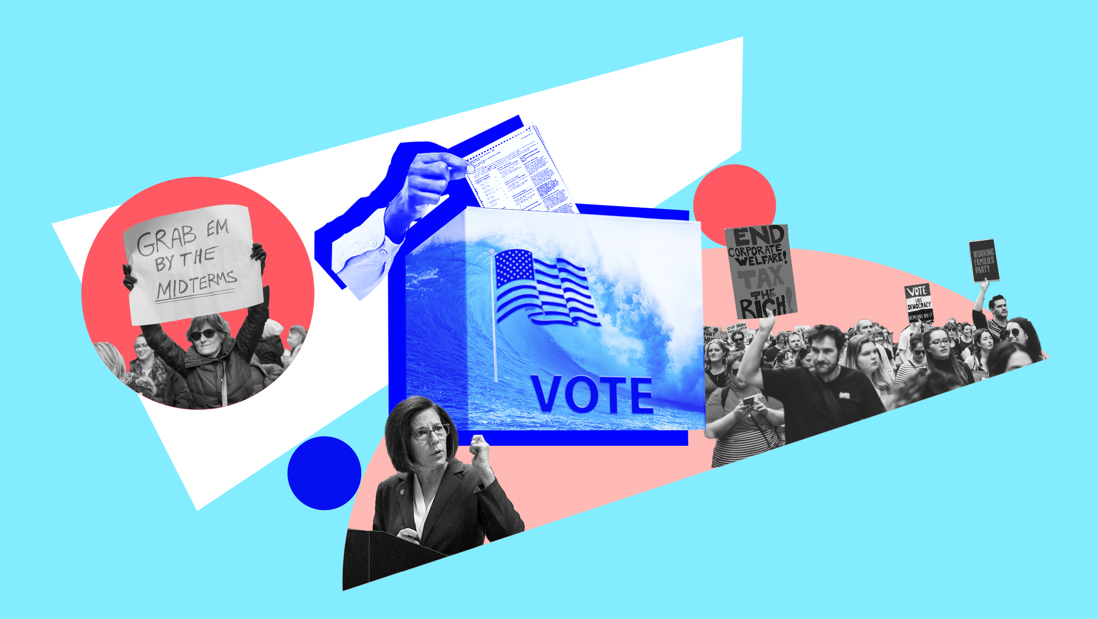 Light blue background with image of blue wave, an American flag and the word "VOTE" laid over a ballot box and someone inserting their ballot into the box, a black and white image of someone holding up a sign that reads "GRAB EM BY THE MIDTERMS," a black and white image of Sen. Catherine Cortez Masto and a black and white image of people protesting and holding up a sign that reads "END CORPORATE WELFARE TAX THE RICH" and another sign that reads "VOTE LIKE DEMOCRACY DEPENDS ON IT" and another sign that reads "WORKING FAMILIES PARTY"