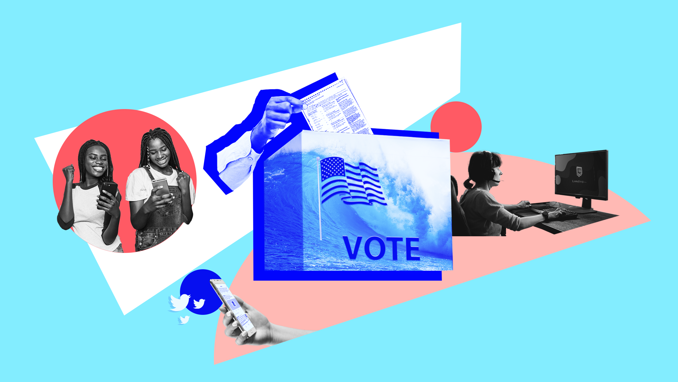 Light blue background with image of blue wave, an American flag and the word "VOTE" laid over a ballot box and someone inserting their ballot into the box, images of two people looking at their phones, an image of someone with a headset on a computer displaying the Twitch logo and another image of someone holding their phone with three Twitter logos next to it.
